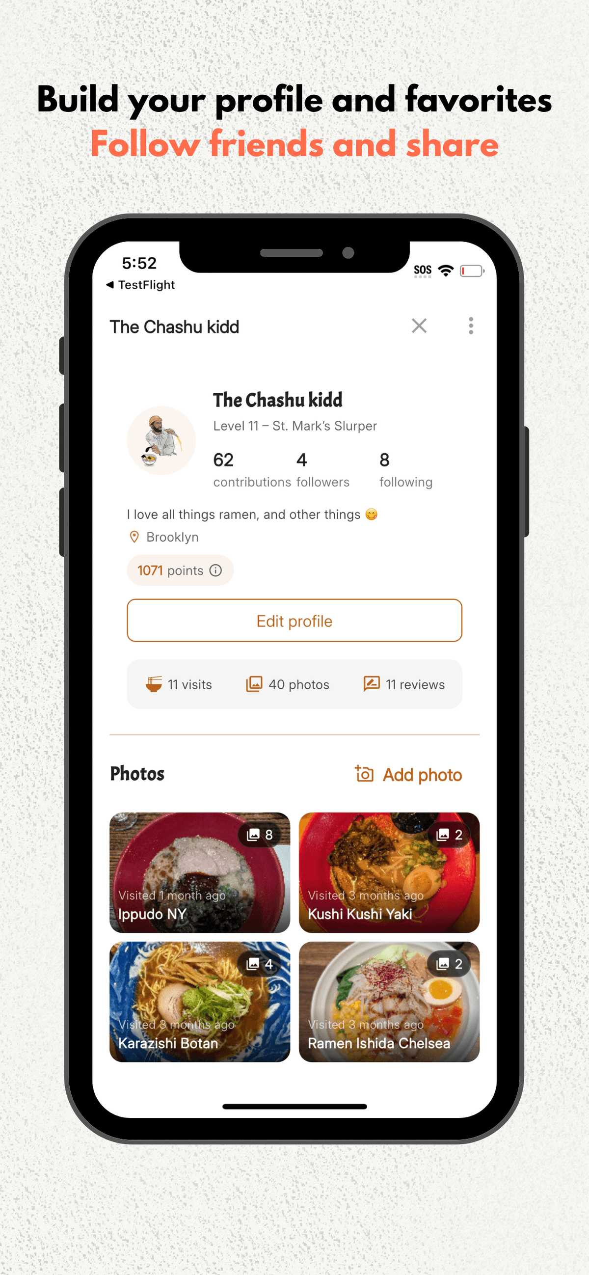 Profile and favorites screen