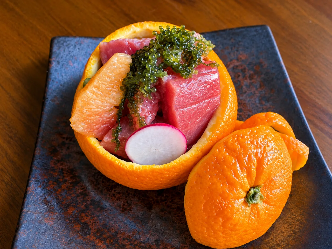 Wasan Brooklyn:オレンジの器に盛り付けた海ぶどうと本マグロのオレンジ酢味噌和え