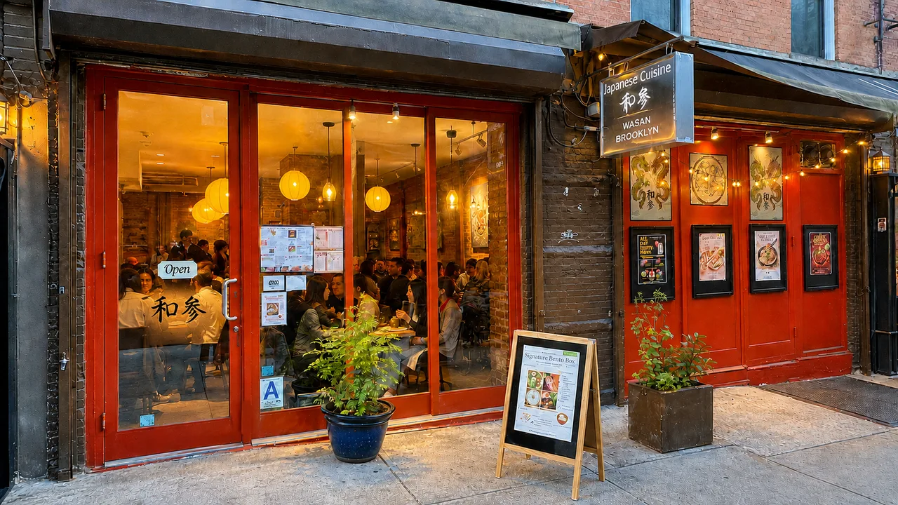 Wasan Brooklynの赤い外観と入口