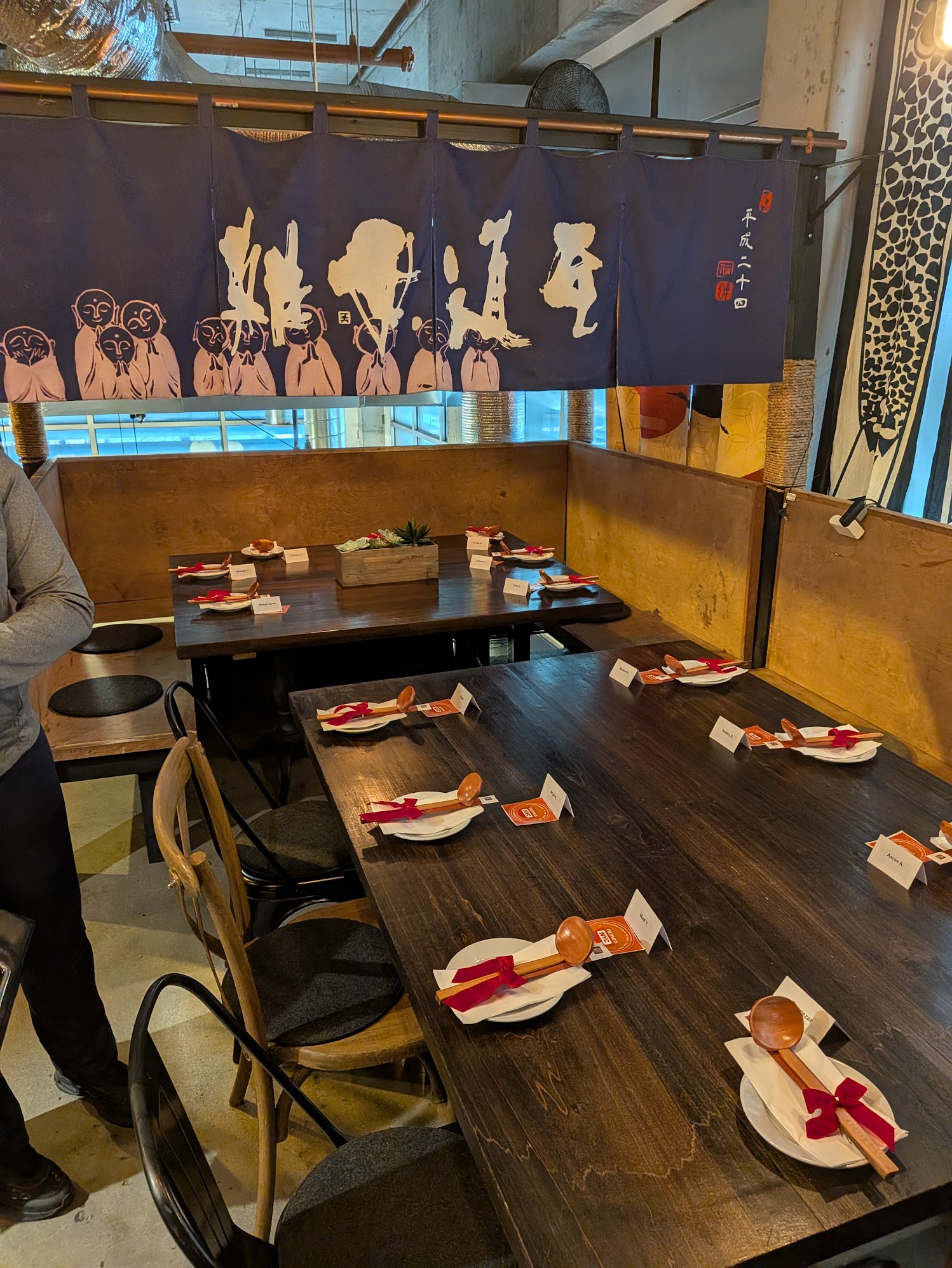 Upstairs tables set for a ramen meetup at Jin Ramen