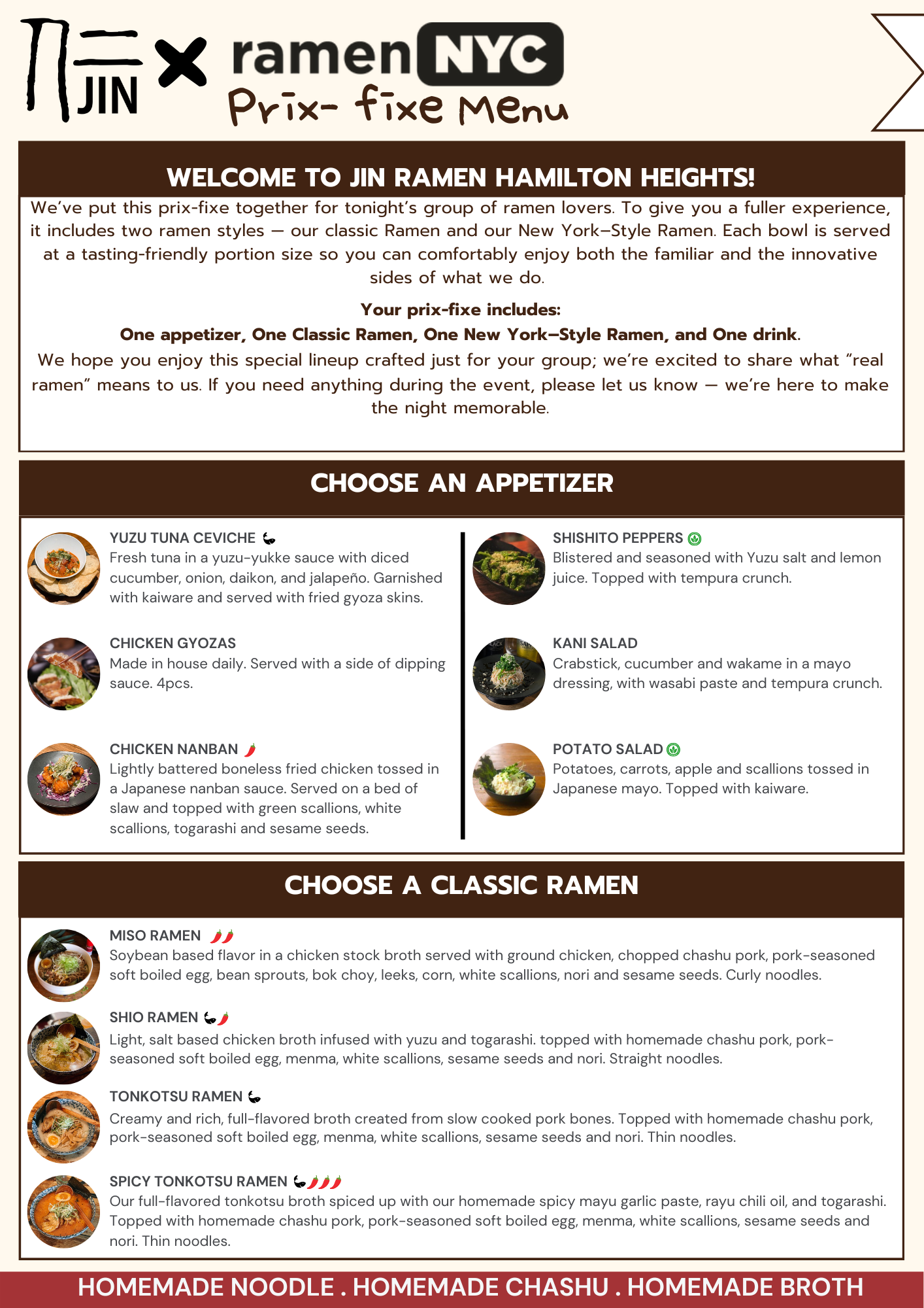 Jin Ramen prix-fixe menu with classic ramen options