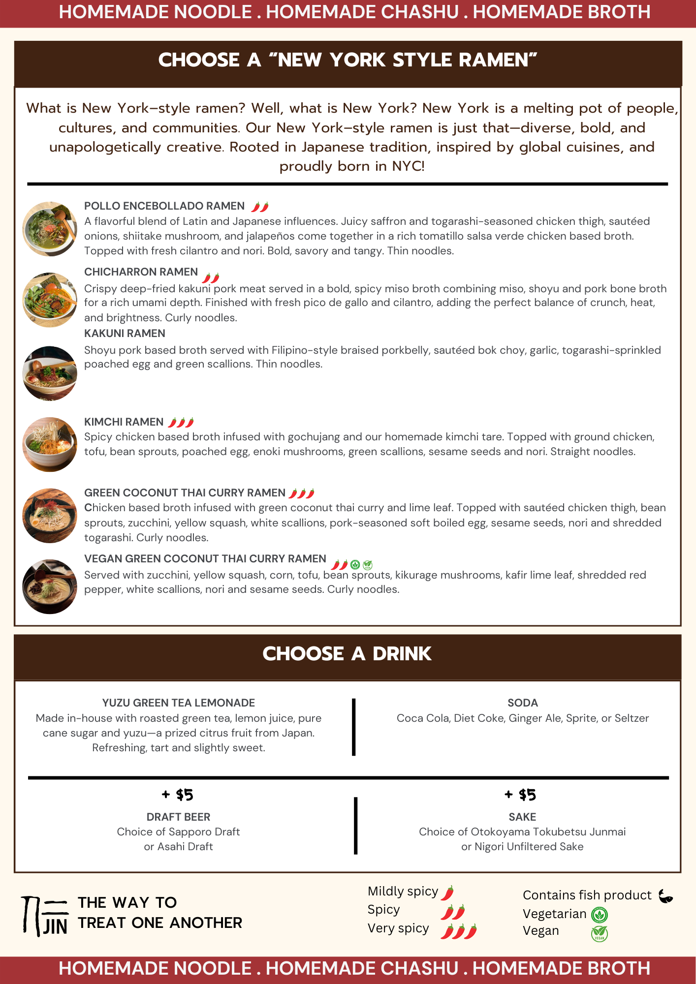 Jin Ramen prix-fixe menu featuring New York–style ramen options