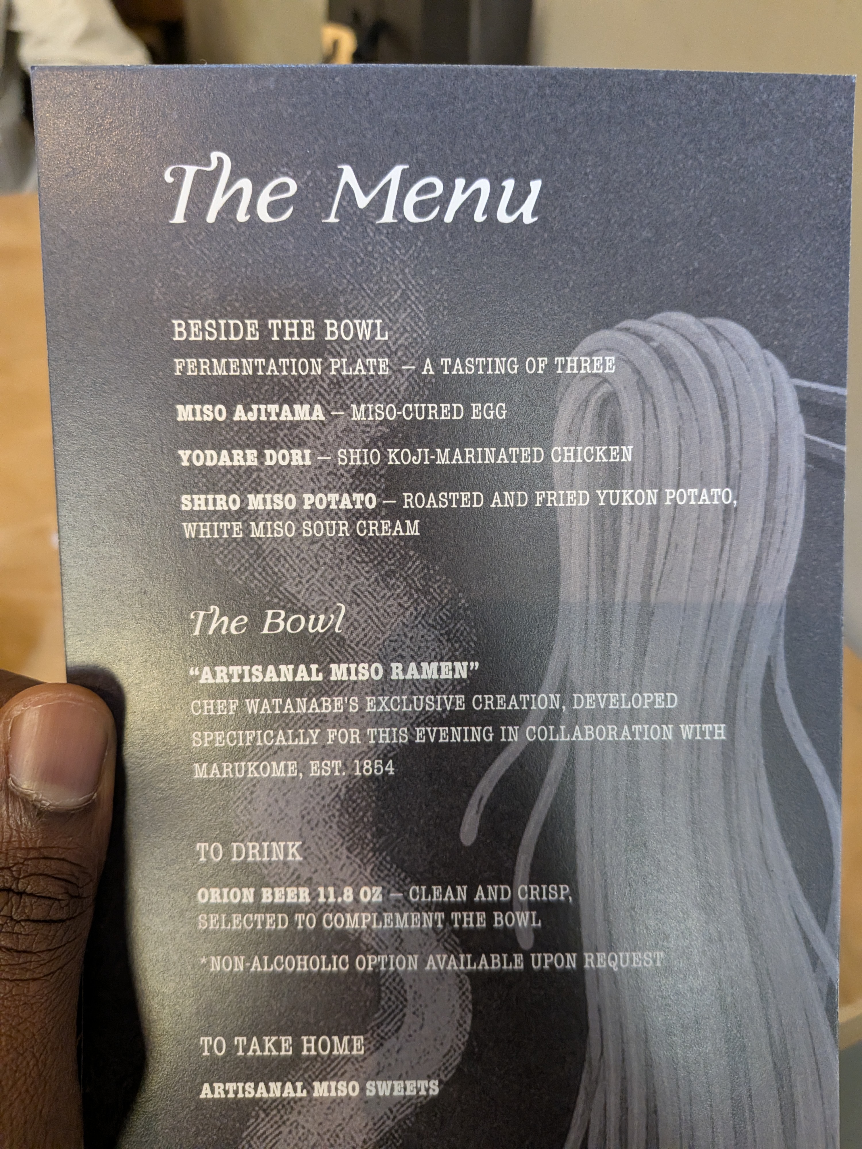 Printed opening day menu for the Ramen FeeL x Odo launch event
