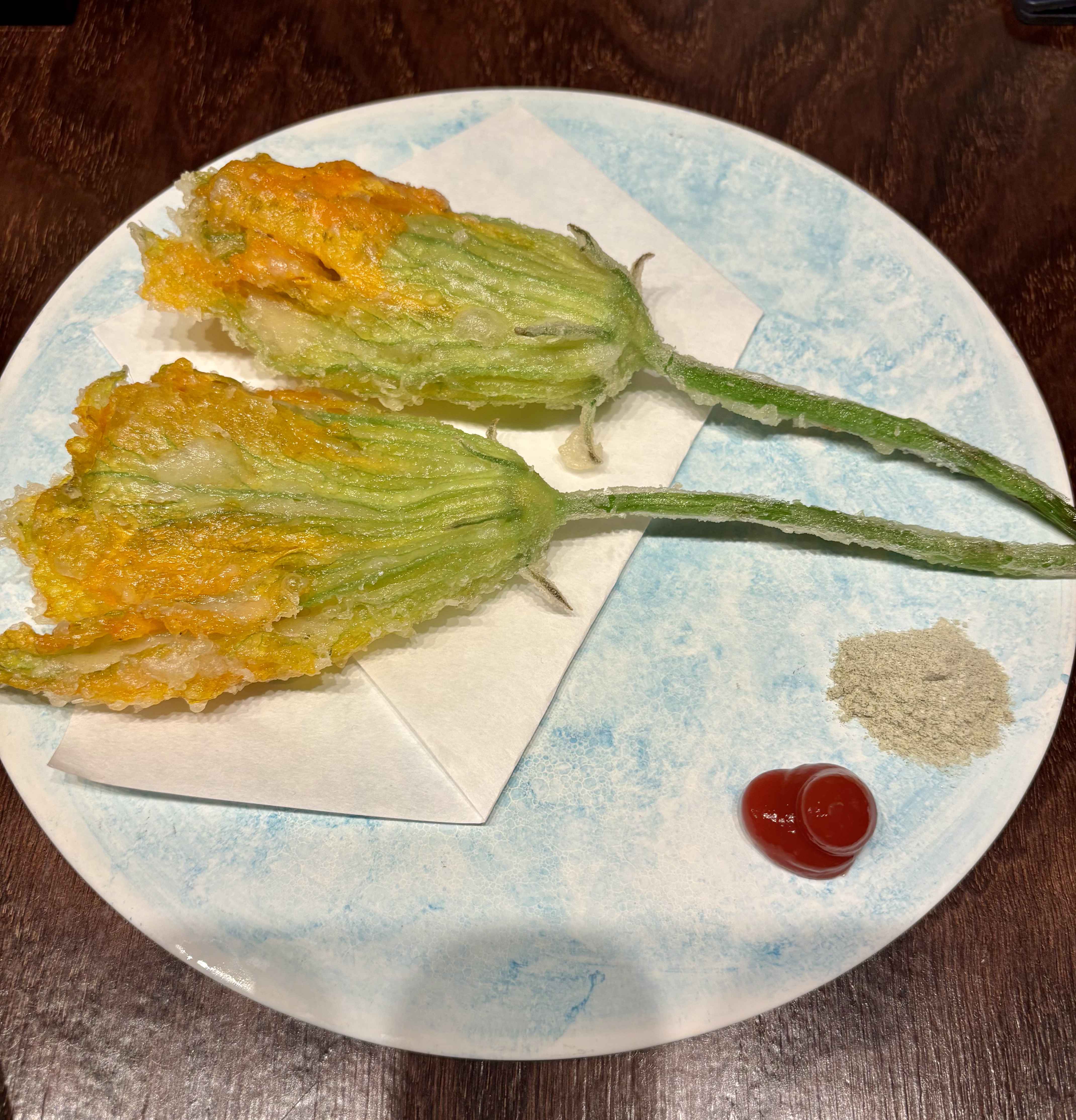 Hana Tempura zucchini squash blossoms appetizer at Gogyo Gramercy
