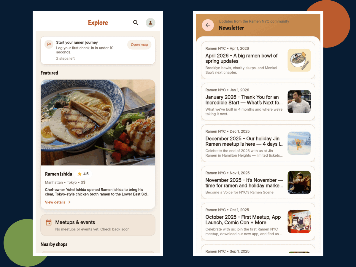 Ramen NYC mobile app Explore screen and native newsletter archive