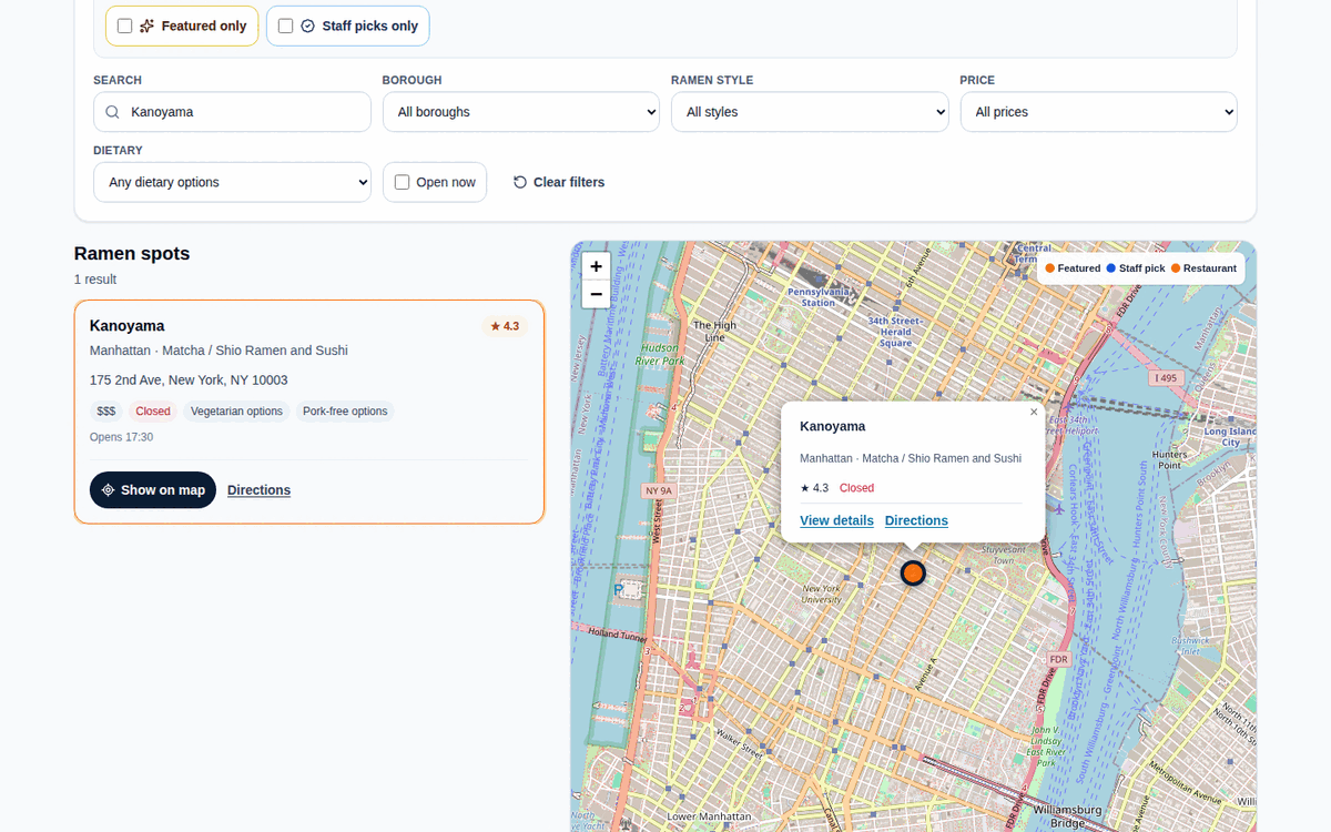 The new Ramen NYC map showing Kanoyama and its matcha and shio ramen listing